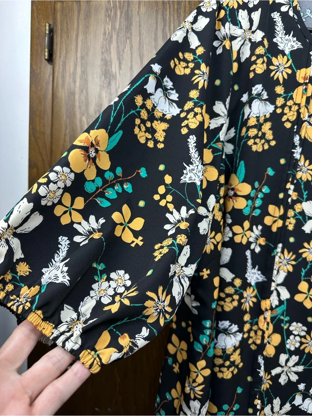 BloomChic Black Floral V-Neck Blouse with Yellow & White Flowers